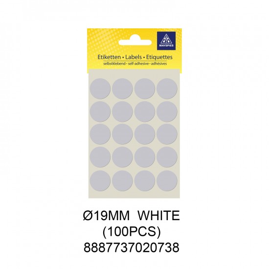 MAYSPIES MS019 COLOUR DOT LABEL / 5 SHEETS/PKT / 100PCS / ROUND 19MM WHITE